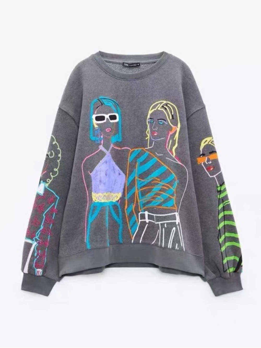 Zara Graphic Girl Printed Gray Sweatshirt Small
